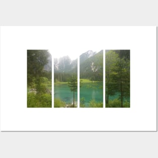 A static shot from the shore of Fusine lake in the Julian Alps with snowy mountains in background. Beautiful nature in a spring cloudy day; no people around Posters and Art